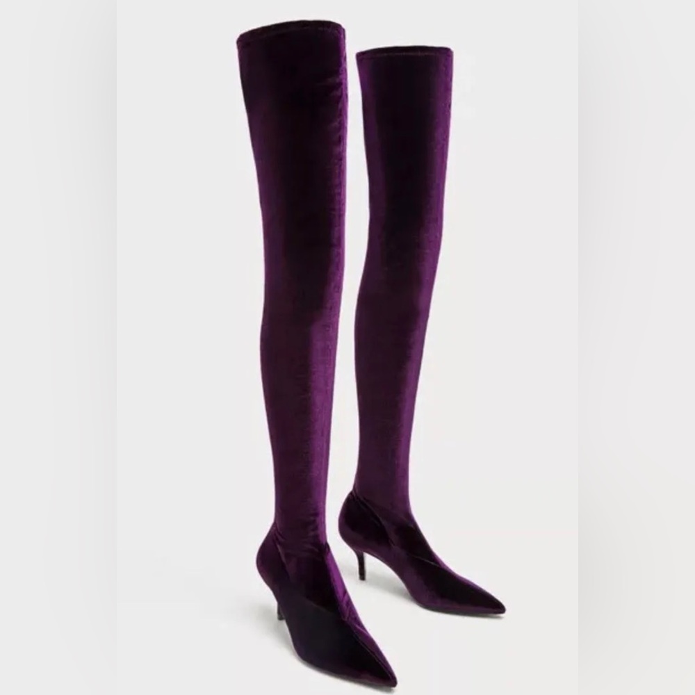 Zara Over-the-Knee Velvet Pointed-Toe Boots in Purple